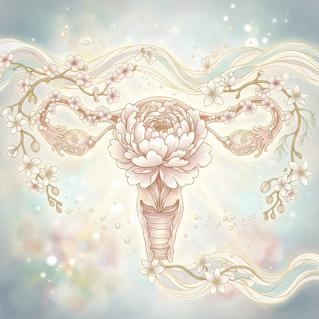 An artistic and delicate illustration of the female reproductive system using soft floral patterns and glowing light to represent health and complexity.