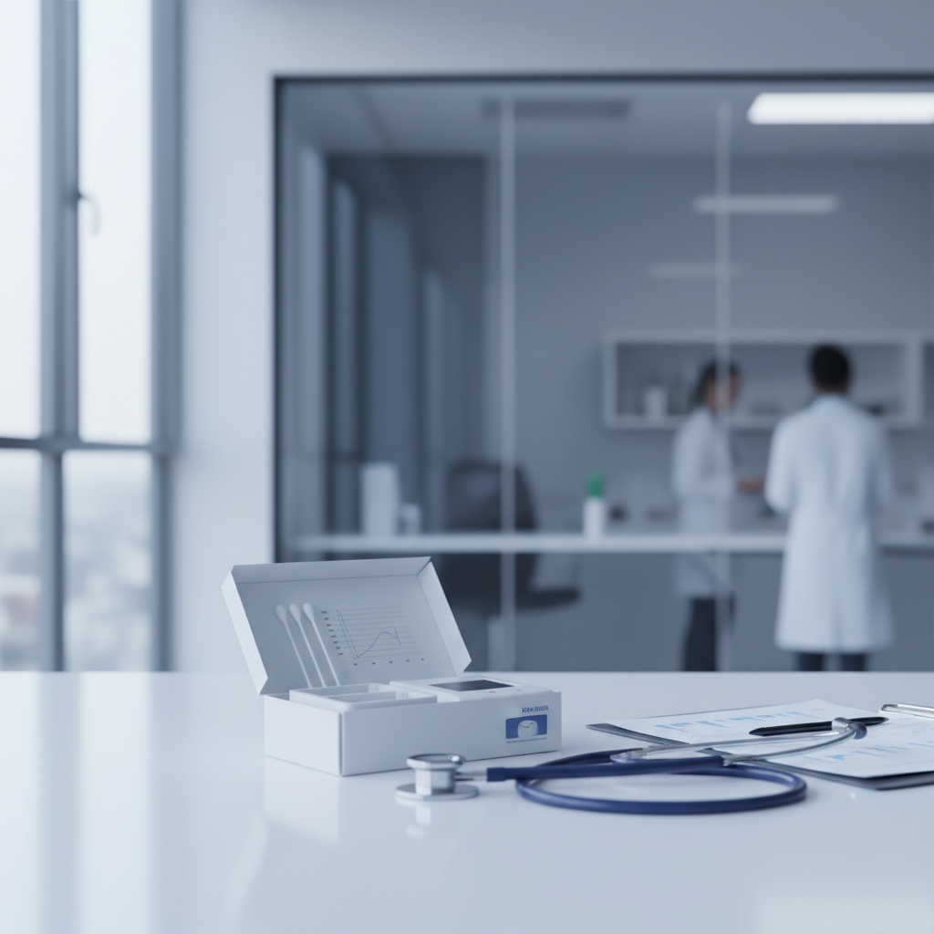 A professional healthcare setting featuring a modern medical testing kit, a stethoscope, and clinical charts on a clean white desk with bright lighting.